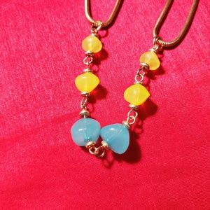 Yellow and blue beaded chain necklace